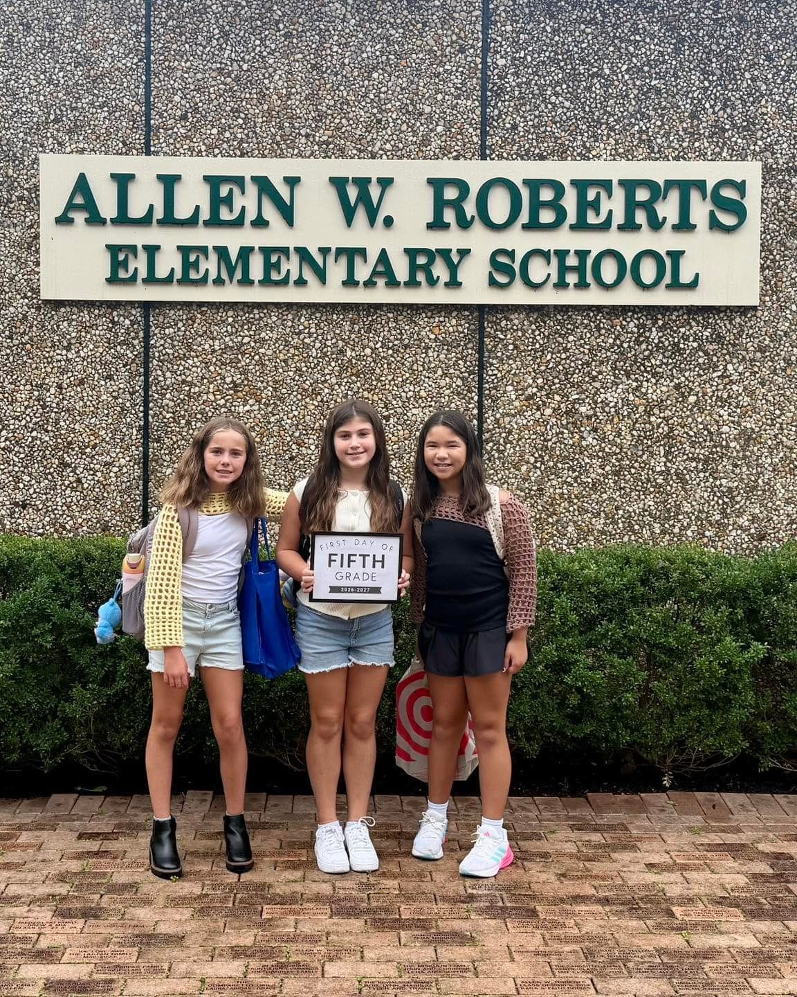 Fifth-grade students mark the first day of the 2026-27 school year at Allen W. Roberts Elementary School.